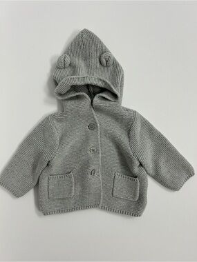 Baby Gap Grey Garter Knit Bear Ear Hooded Cardigan Sweater Size 3-6 Months